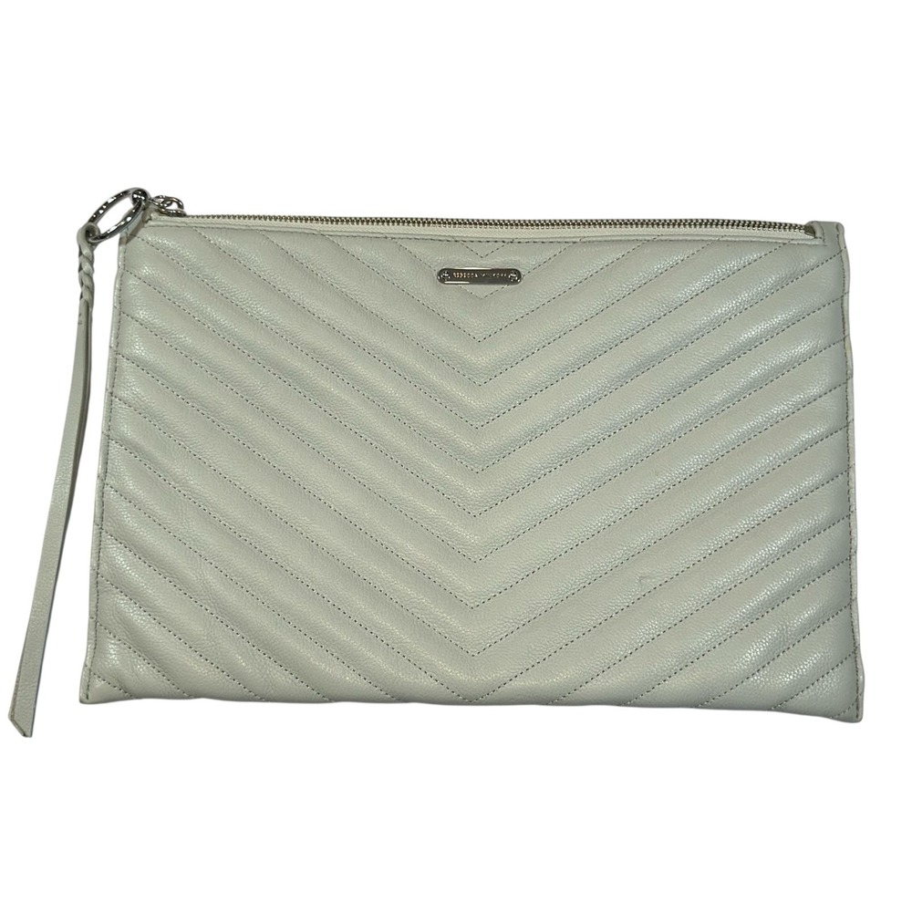 Rebecca Minkoff Clutch Womens Gray Leather Quilted Chevron Zip Wristlet Pouch